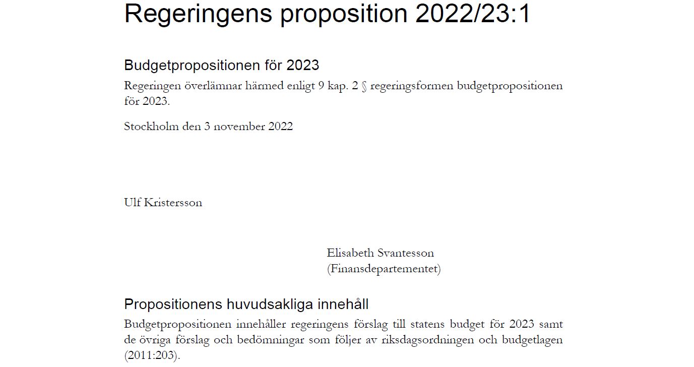 Budgetproposition 2023, titelsidan illustrerar artikel om budgeten