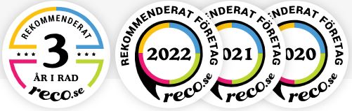 Bild på logo från reco.se "Rekommenderat företag 3 år i rad" illustrerar artikel om våra fina rekommendationer 2020-2022
