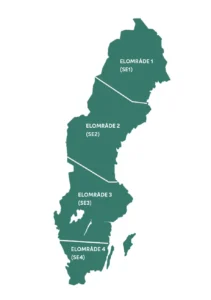 Karta över Sveriges fyra elområden, illustrerar elstöd till företag i elområde 3 och 4