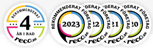 Bild på logo från reco.se "Rekommenderat företag 4 år i rad" illustrerar artikel om våra fina kundomdömen 2020-2023