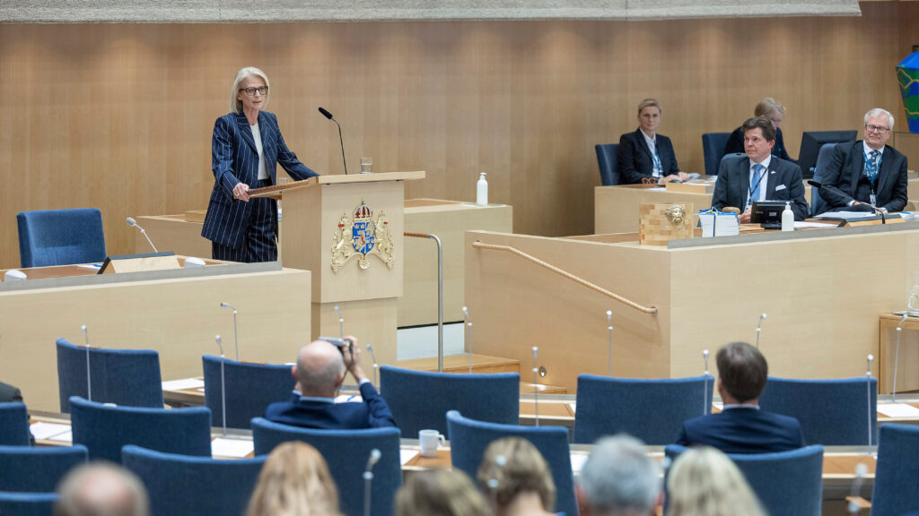 Budgetpropositionen för 2024, finansminister Elisabeth Svantesson (M) inledningstalar under budgetdebatten i riksdagen 20 september 2023.